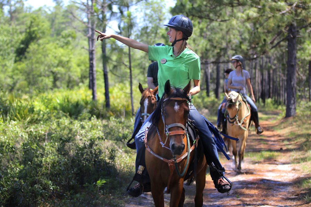 Three people on horse back riding in Lake Louisa State Park.