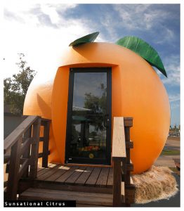 large orange structure with door and wood stairs
