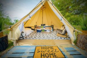 Photo of a luxury camping site at Lake Louisa State Park. Shows the inside of a tent with 2 beds and chairs and more amenities.