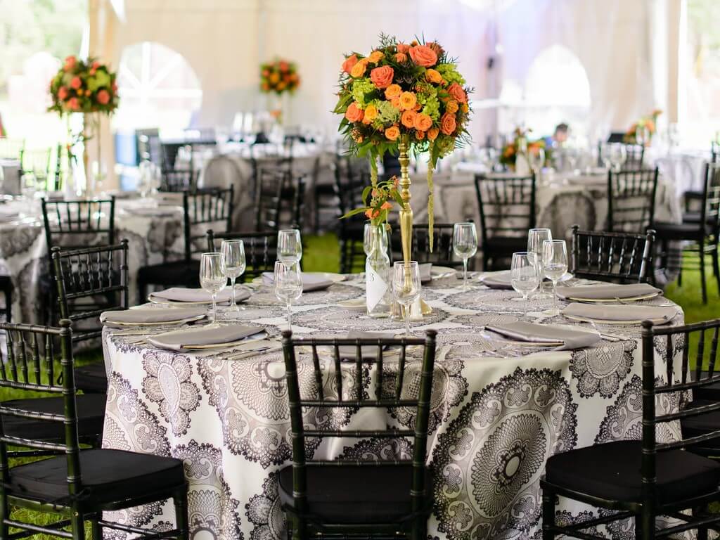 A dinner and reception tent for a wedding at Howey Mansion.