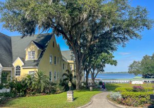 Yellow hotel exterior on left, lake on right, tree in middle