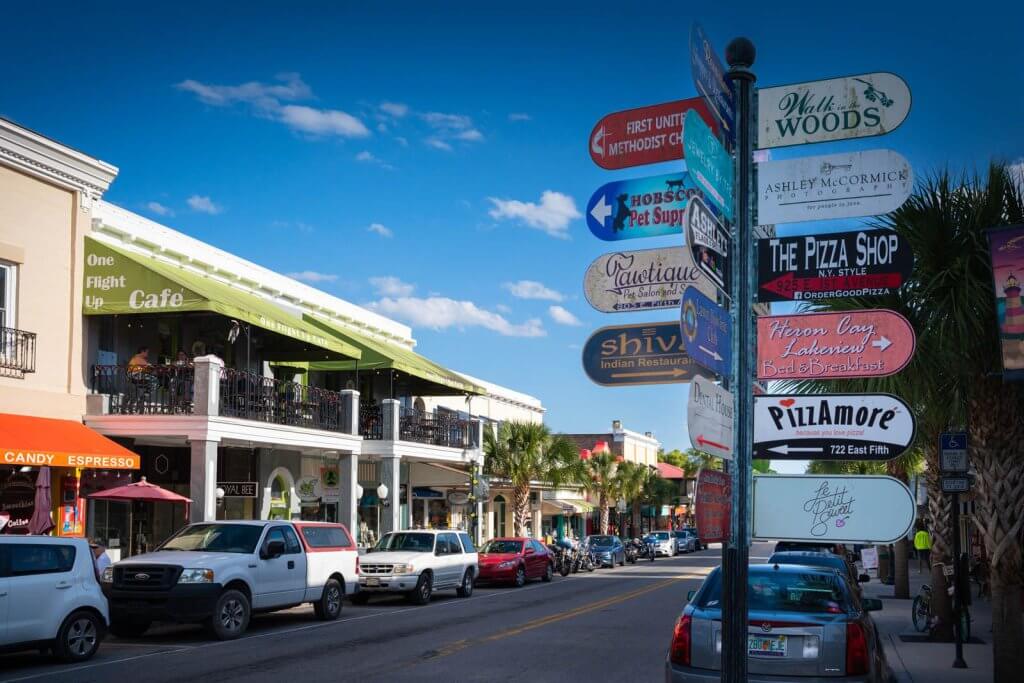 street view of directary signs and businesses in mount dora